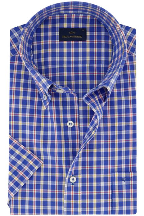 Paul & Shark overhemd korte mouw wijde fit blauw geruit