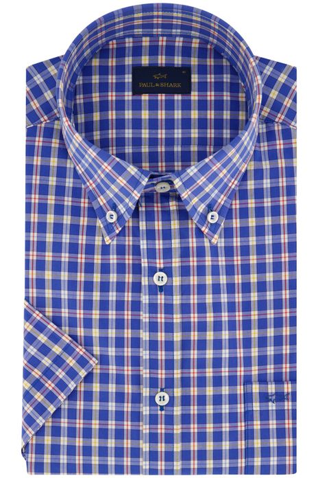 Paul & Shark overhemd korte mouw wijde fit blauw geruit