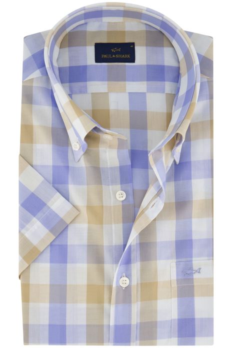 Paul & Shark overhemd korte mouw beige blauw geruit