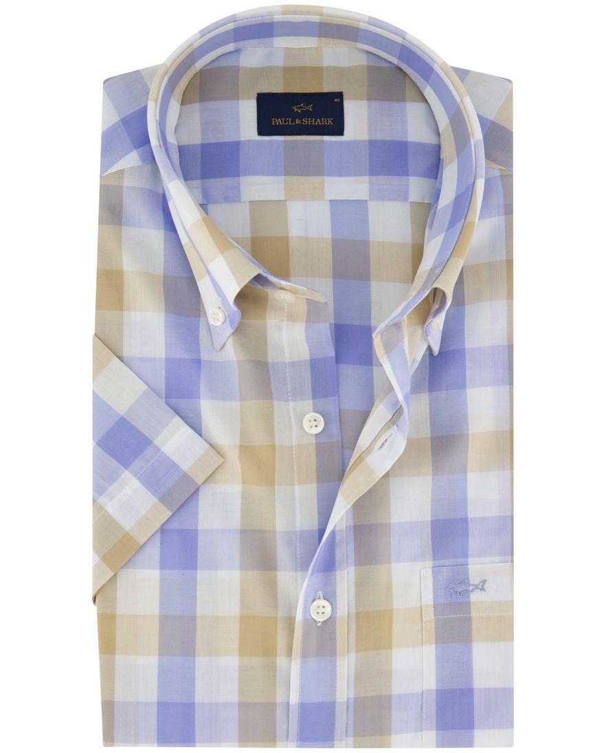 Paul & Shark overhemd korte mouw beige blauw geruit