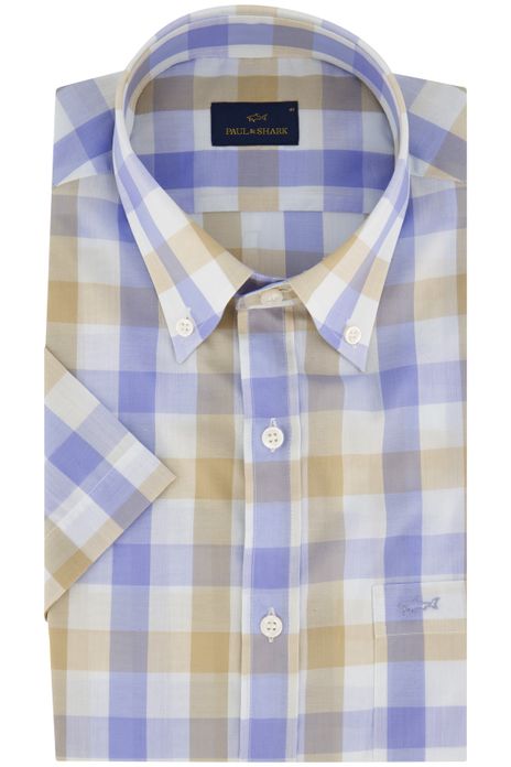 Paul & Shark overhemd korte mouw beige blauw geruit