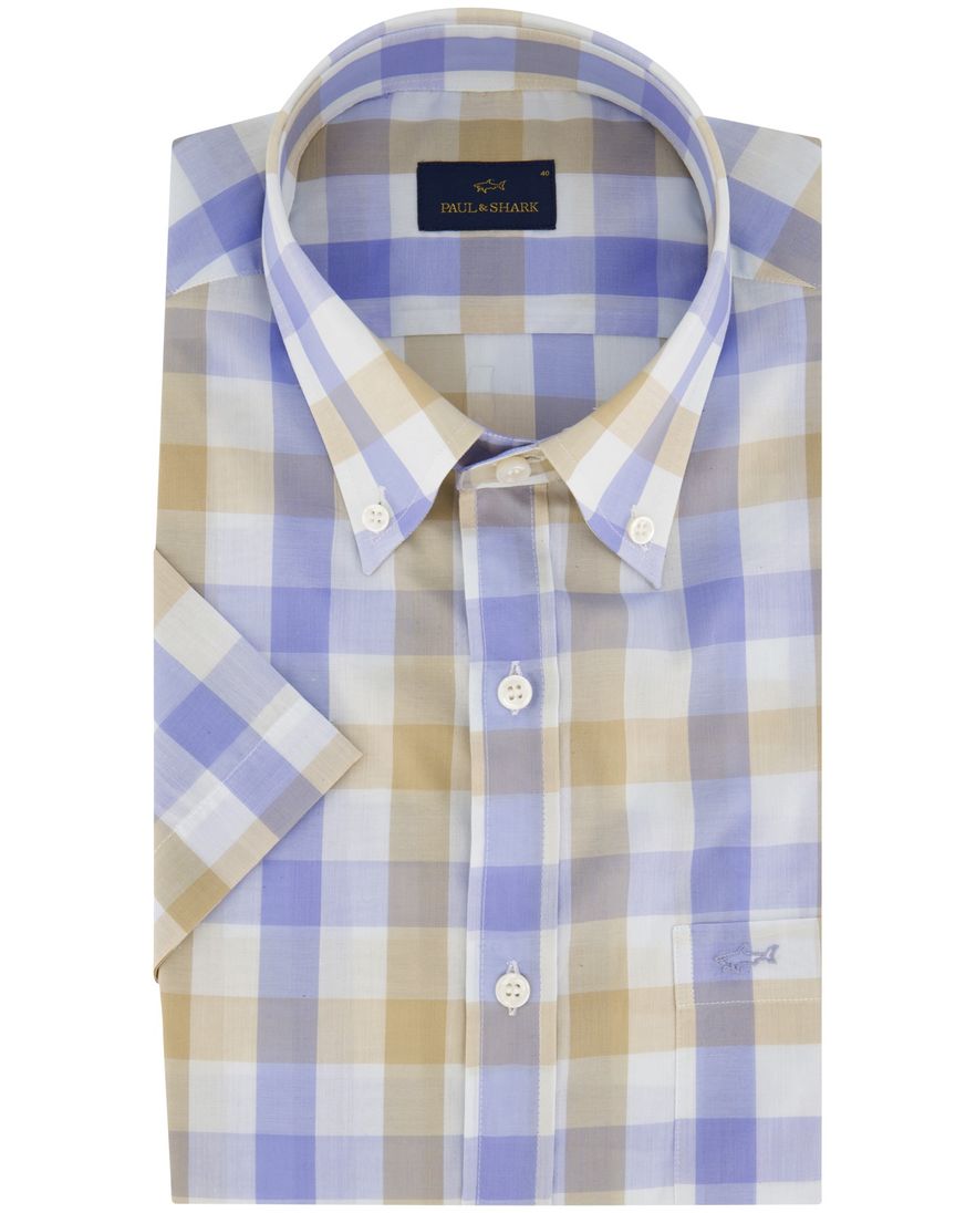 Paul & Shark overhemd korte mouw beige blauw geruit
