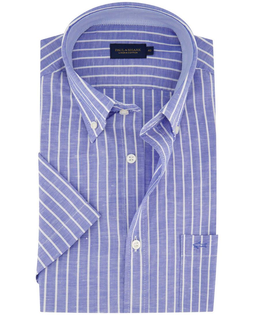 Paul & Shark overhemd blauw gestreept korte mouw borstzak katoen