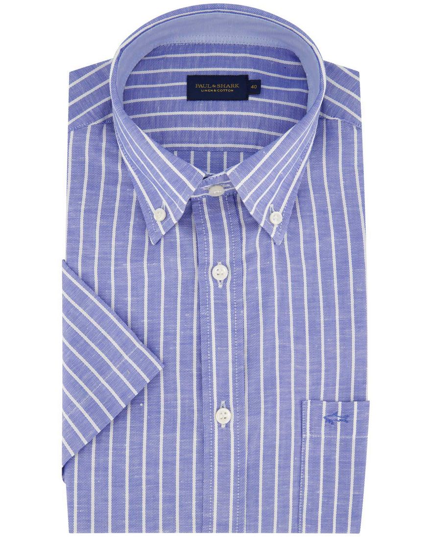 Paul & Shark overhemd blauw gestreept korte mouw borstzak katoen