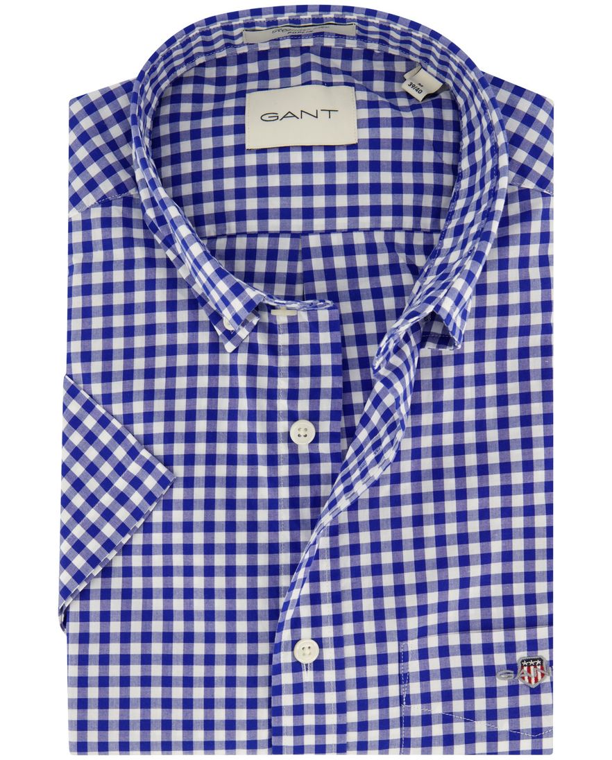Gant overhemd korte mouw normale fit blauw geruit katoen