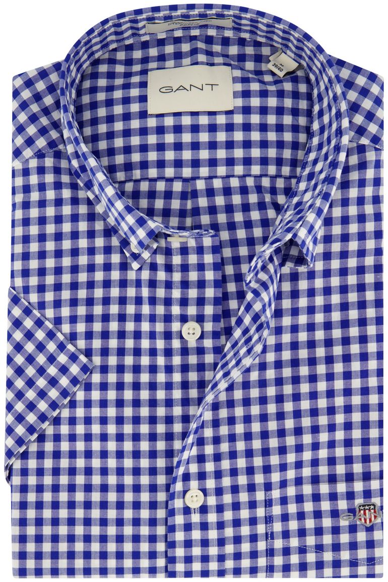 Gant overhemd korte mouw normale fit blauw geruit katoen