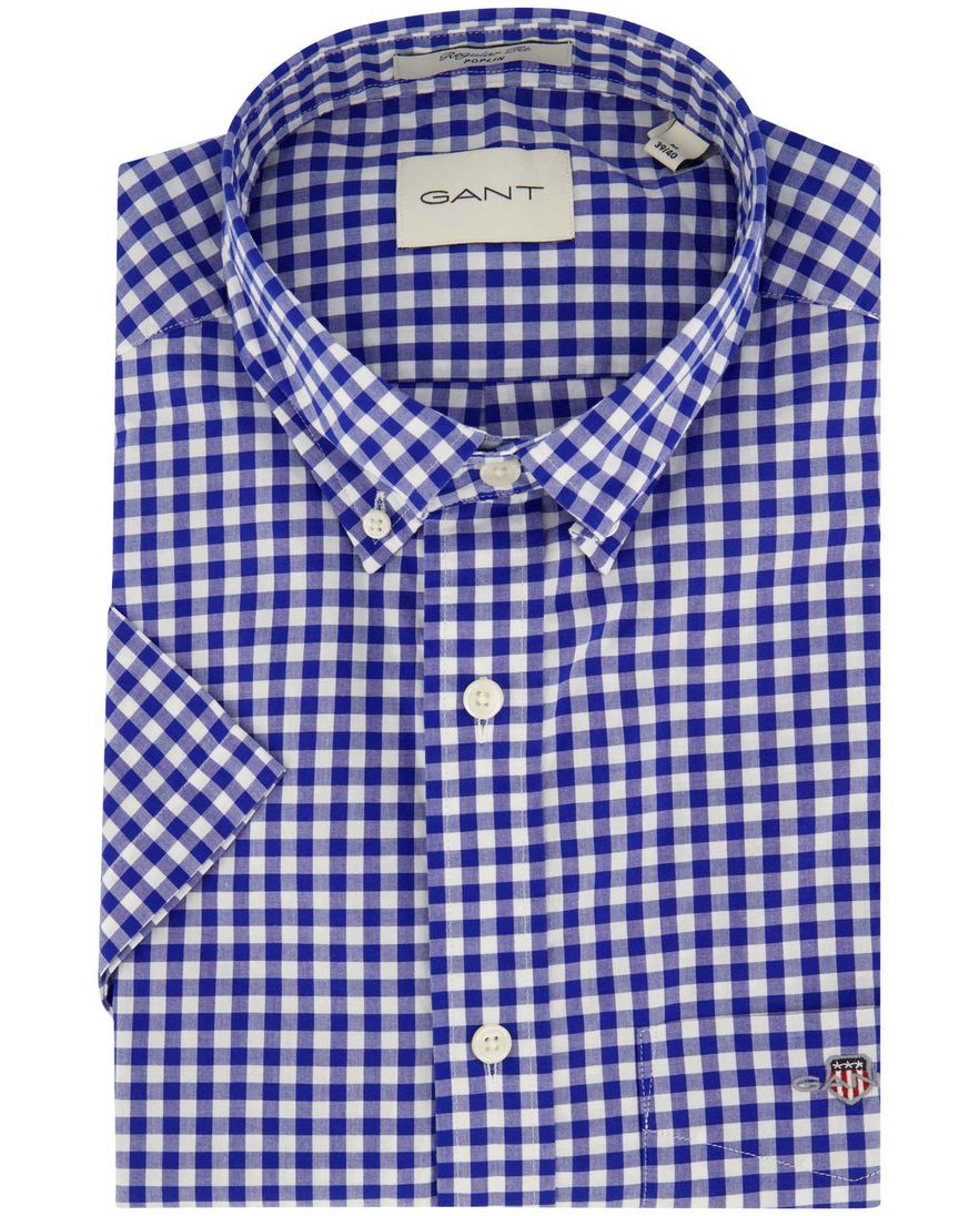Gant overhemd korte mouw normale fit blauw geruit katoen