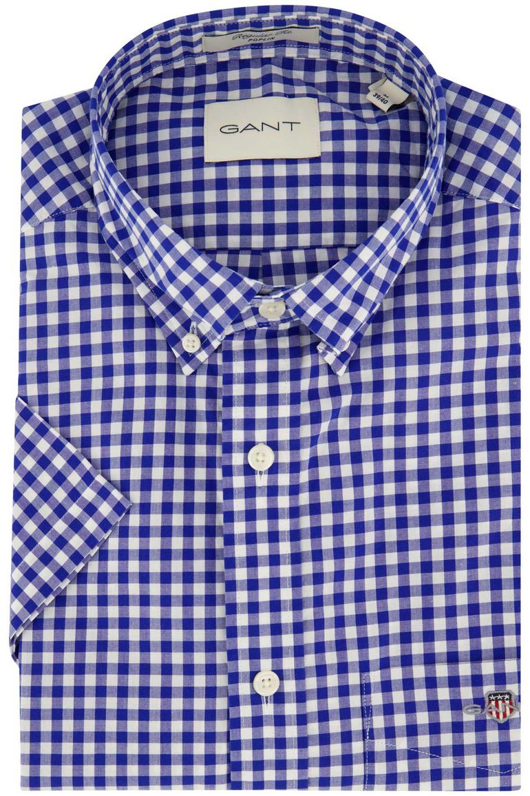Gant overhemd korte mouw normale fit blauw geruit katoen