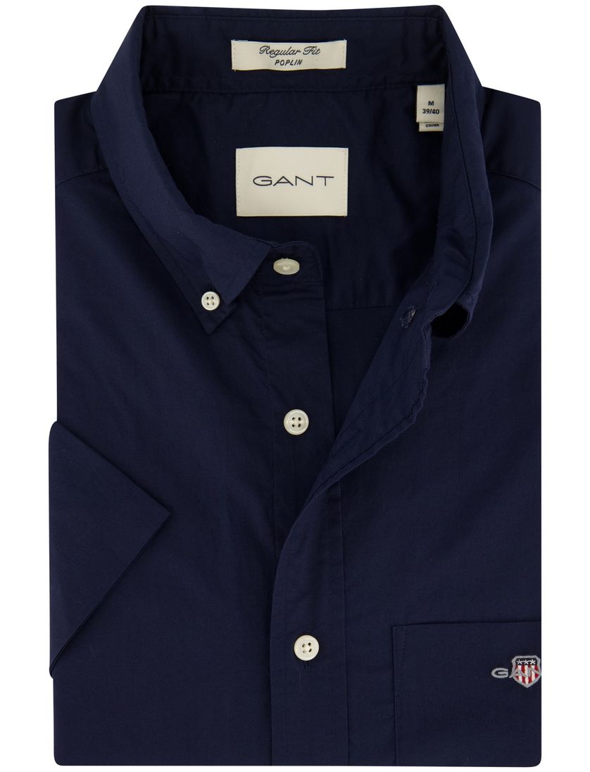 Katoenen Gant overhemd korte mouw effen donkerblauw normale fit