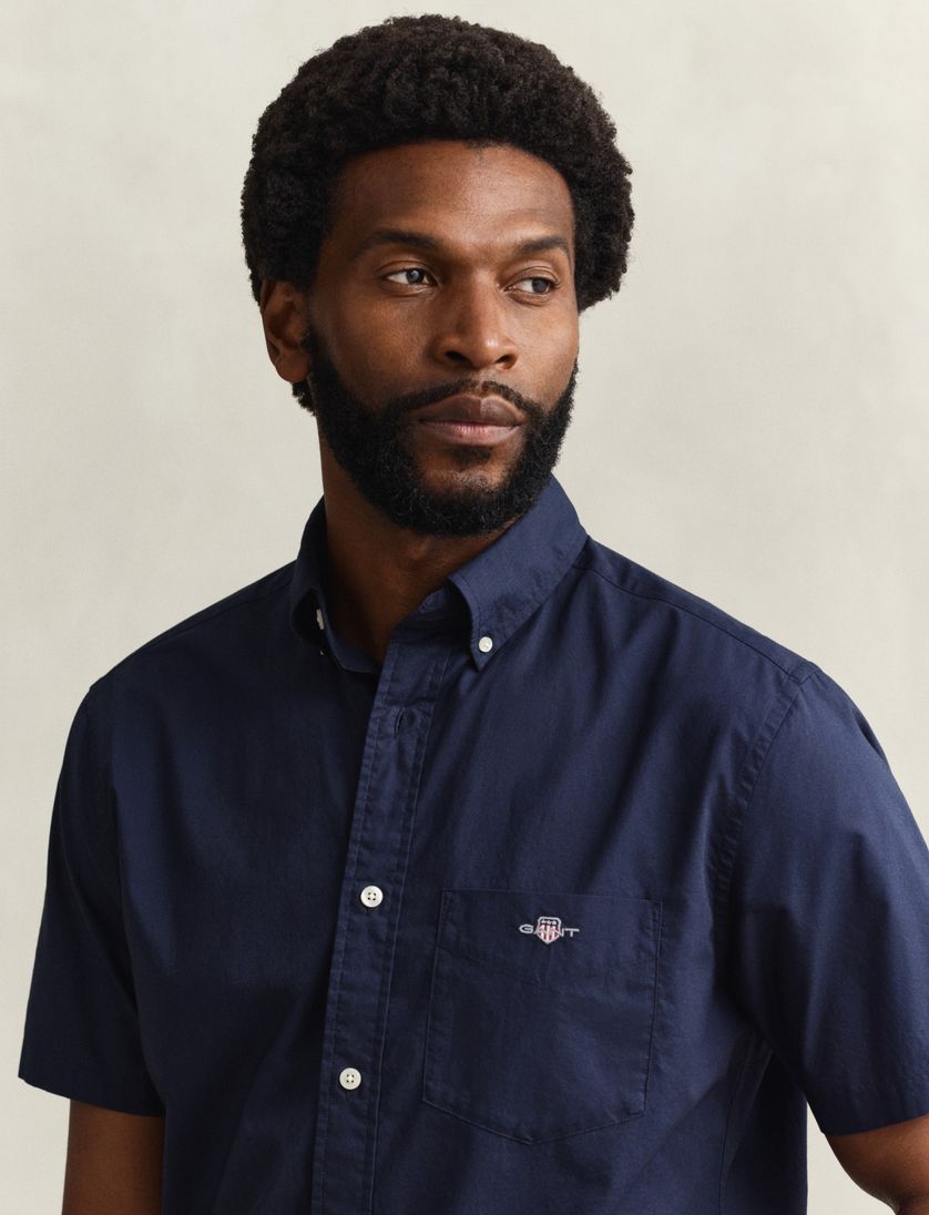 Katoenen Gant overhemd korte mouw effen donkerblauw normale fit