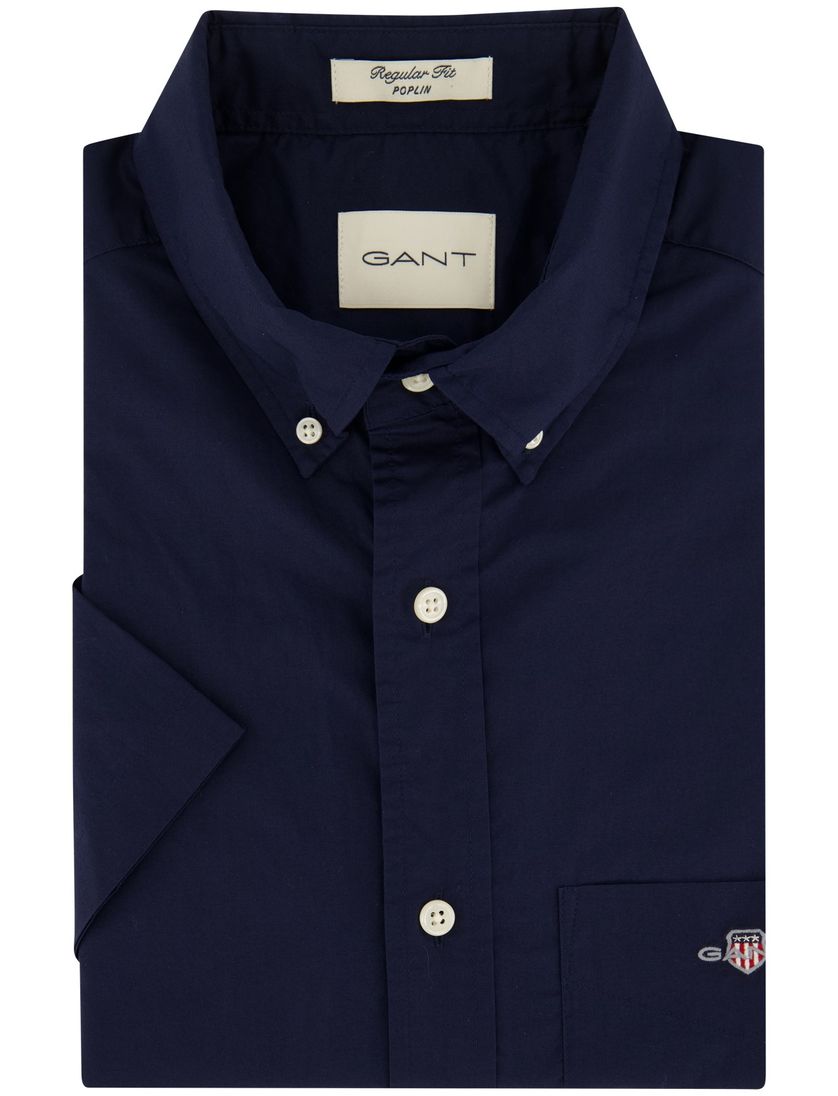 Katoenen Gant overhemd korte mouw effen donkerblauw normale fit