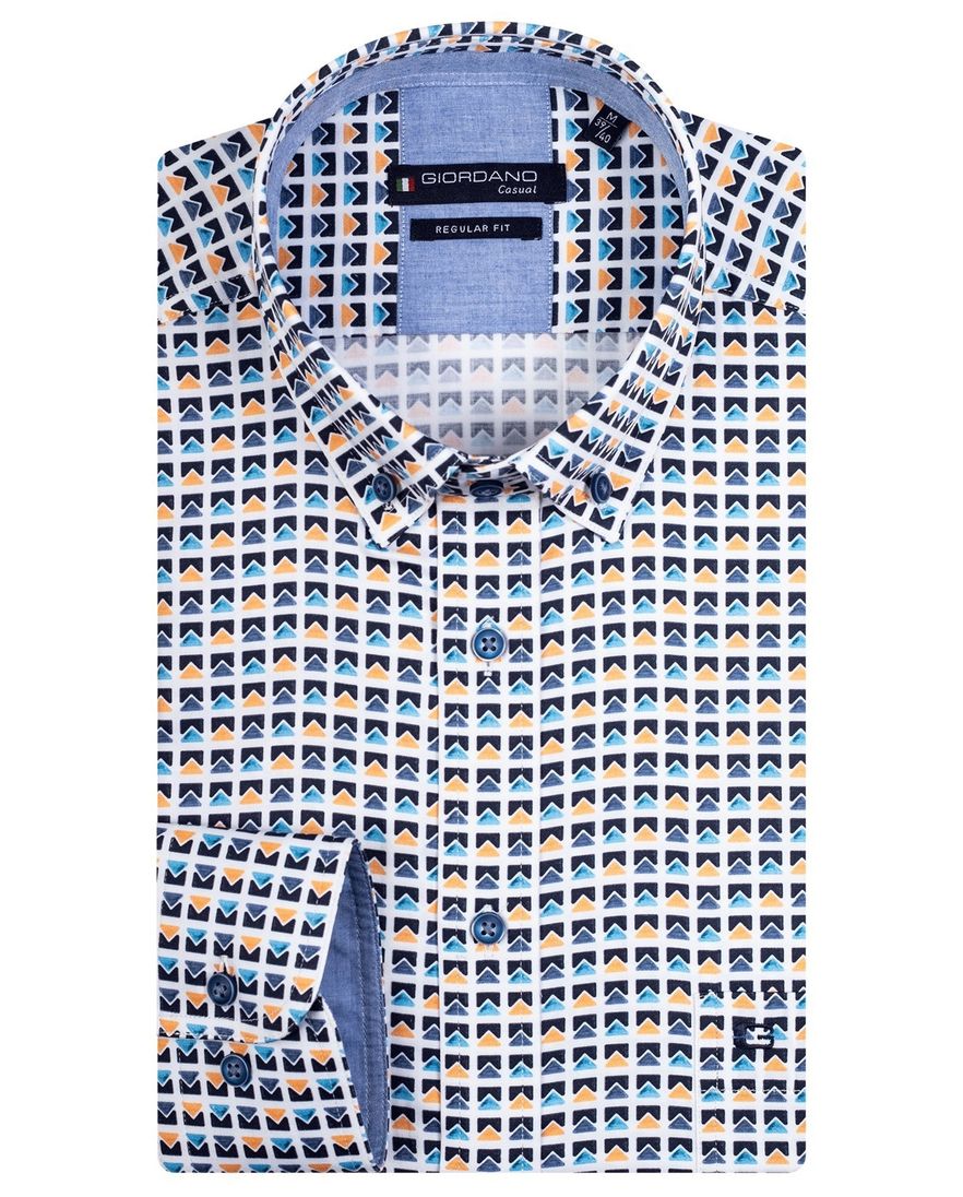 Giordano casual overhemd wijde fit blauw geprint katoen met borstzak