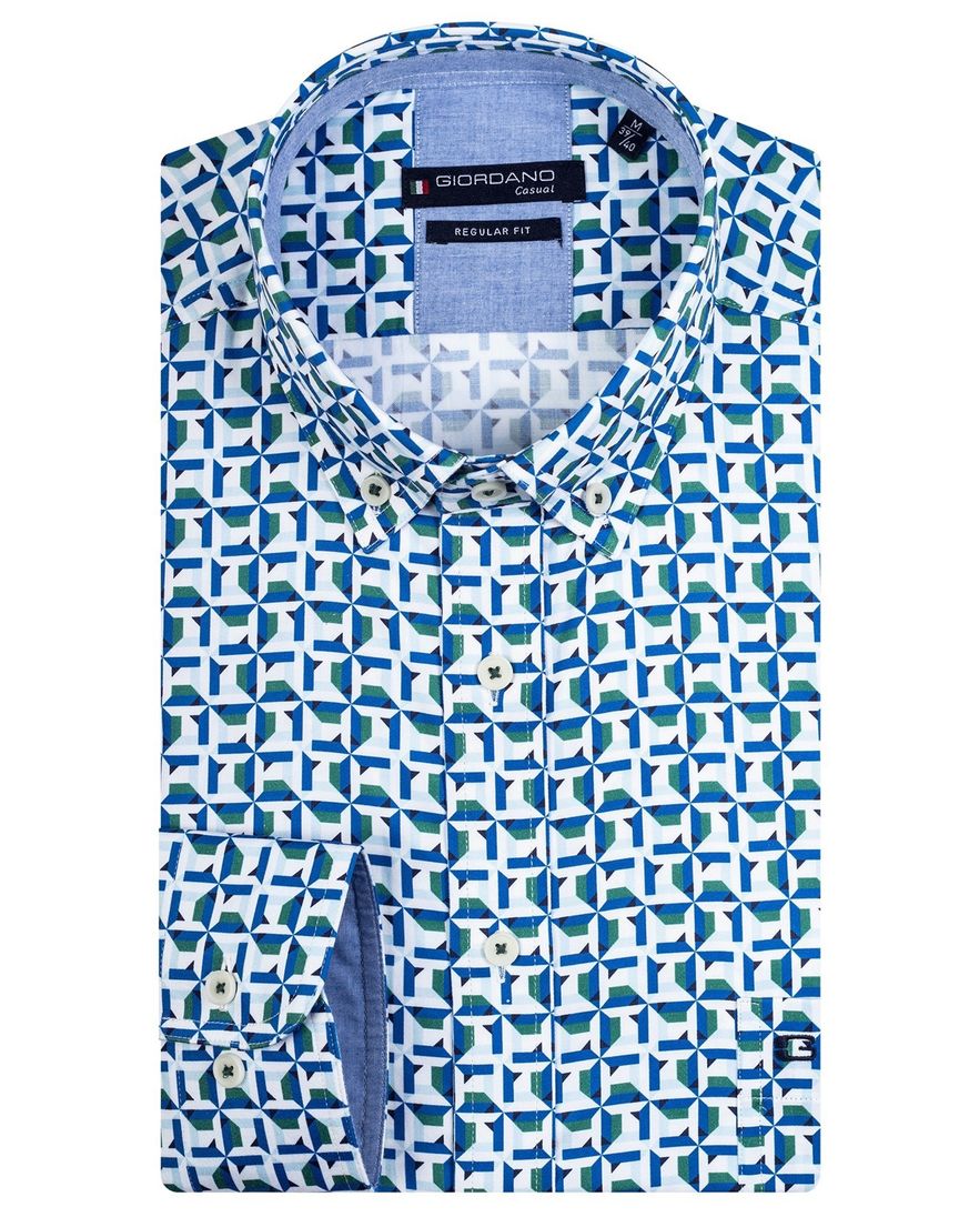 Giordano overhemd groen met blauw geprint wijde fit katoen