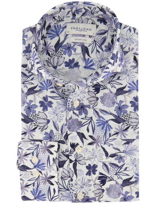 Profuomo overhemd linnenmix blauw geprint
