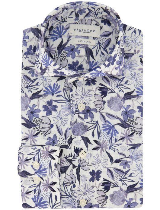 Profuomo overhemd linnenmix blauw geprint