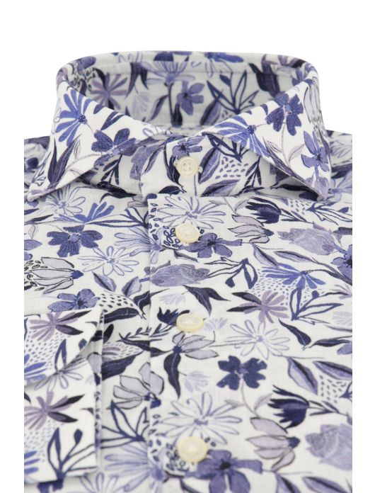 Profuomo overhemd linnenmix blauw geprint