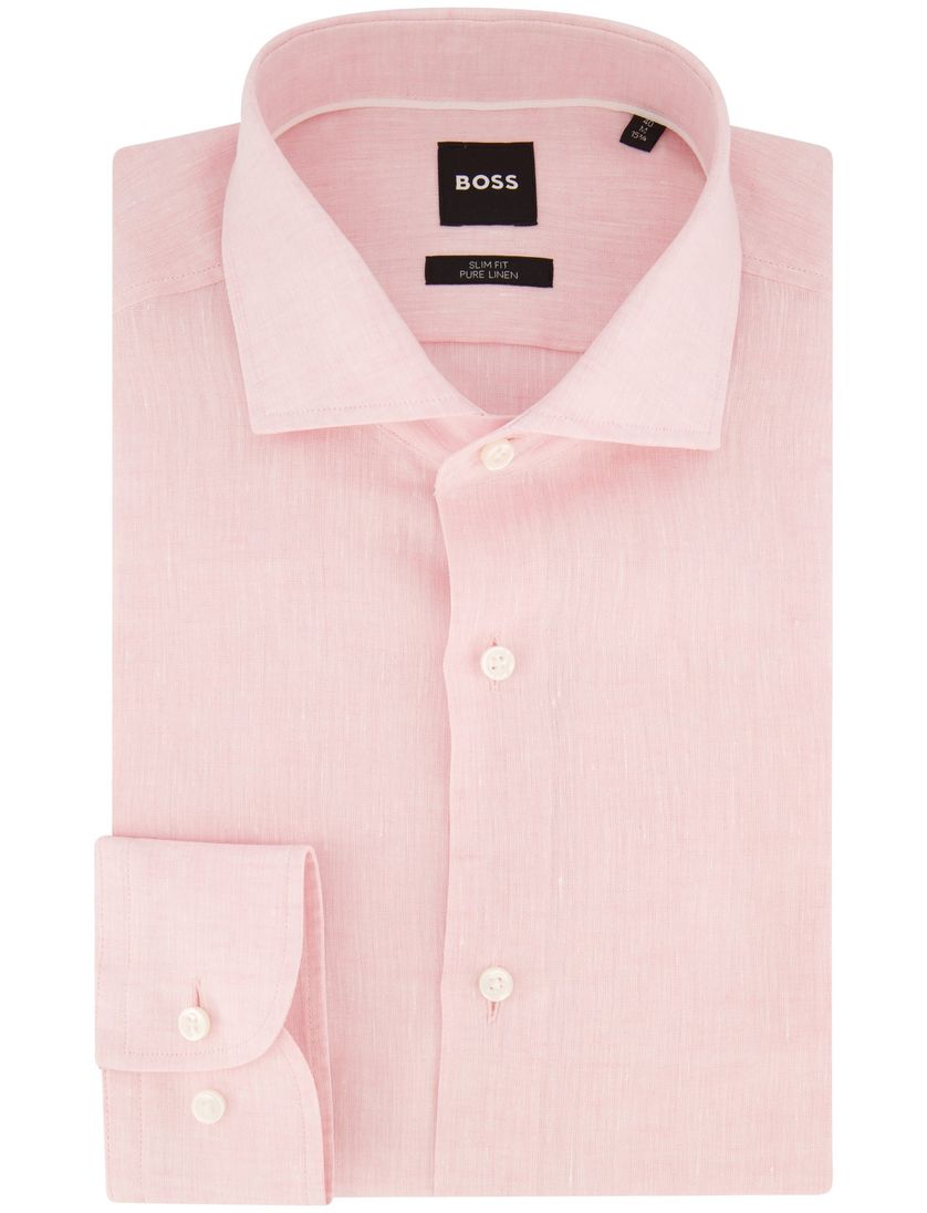 BOSS linnen overhemd slim fit lichtroze