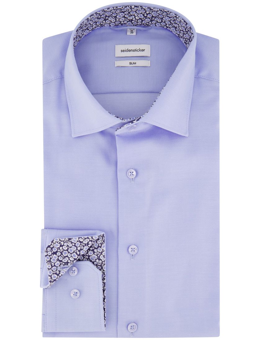 Blauw uni Seidensticker overhemd Slim