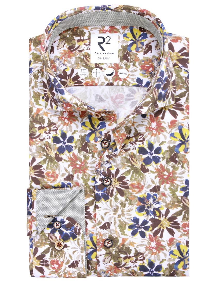 R2 casual overhemd slim fit bruine bloemenprint katoen