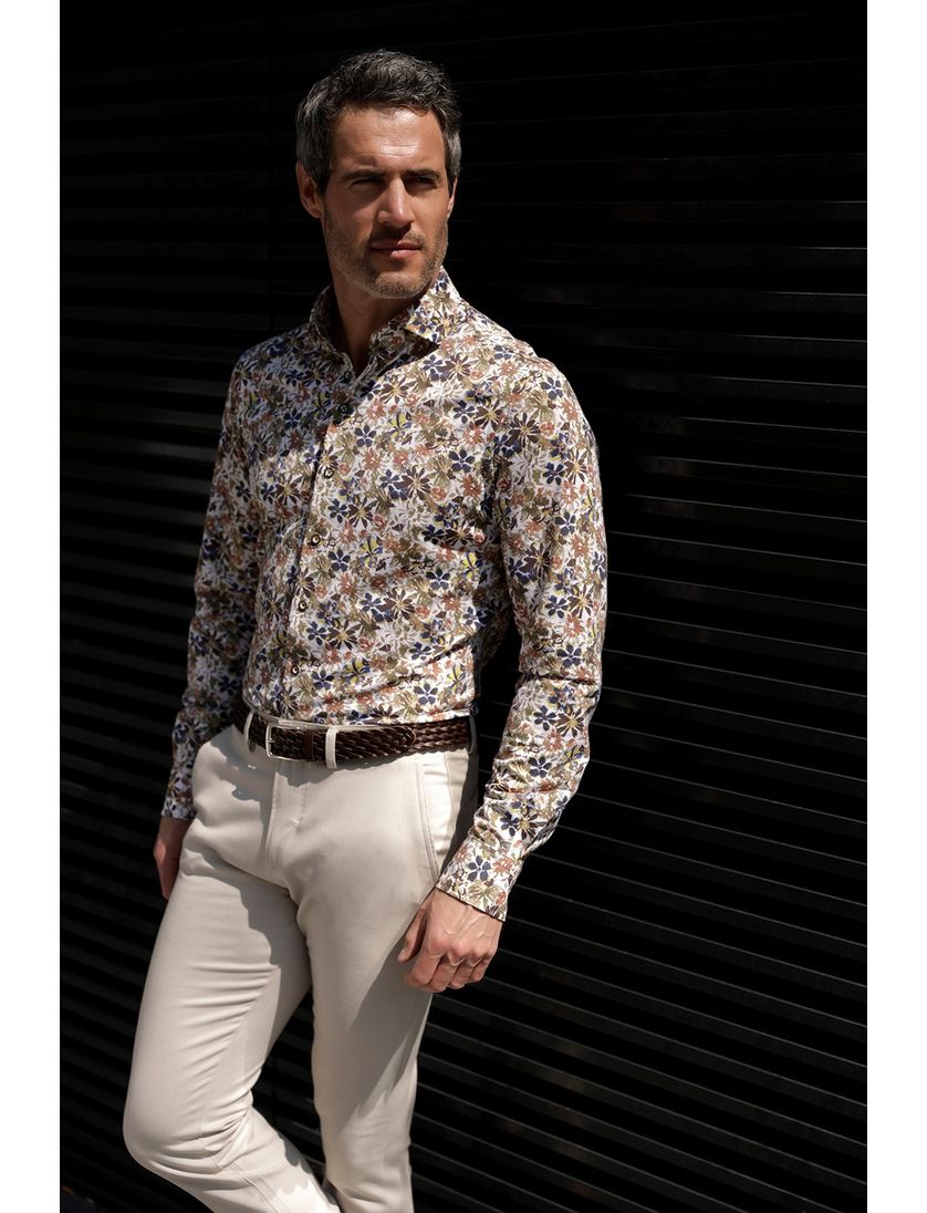 R2 casual overhemd slim fit bruine bloemenprint katoen