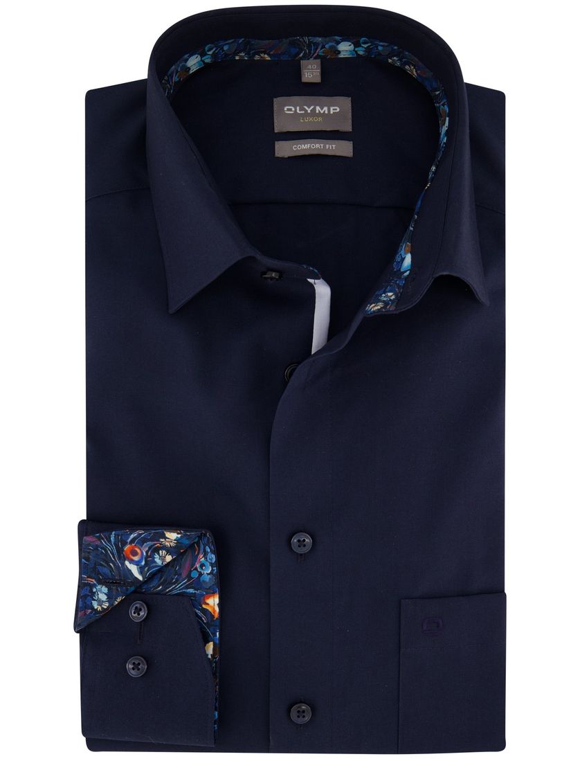 Olymp Comfort Fit overhemd Luxor borstzak donkerblauw katoen