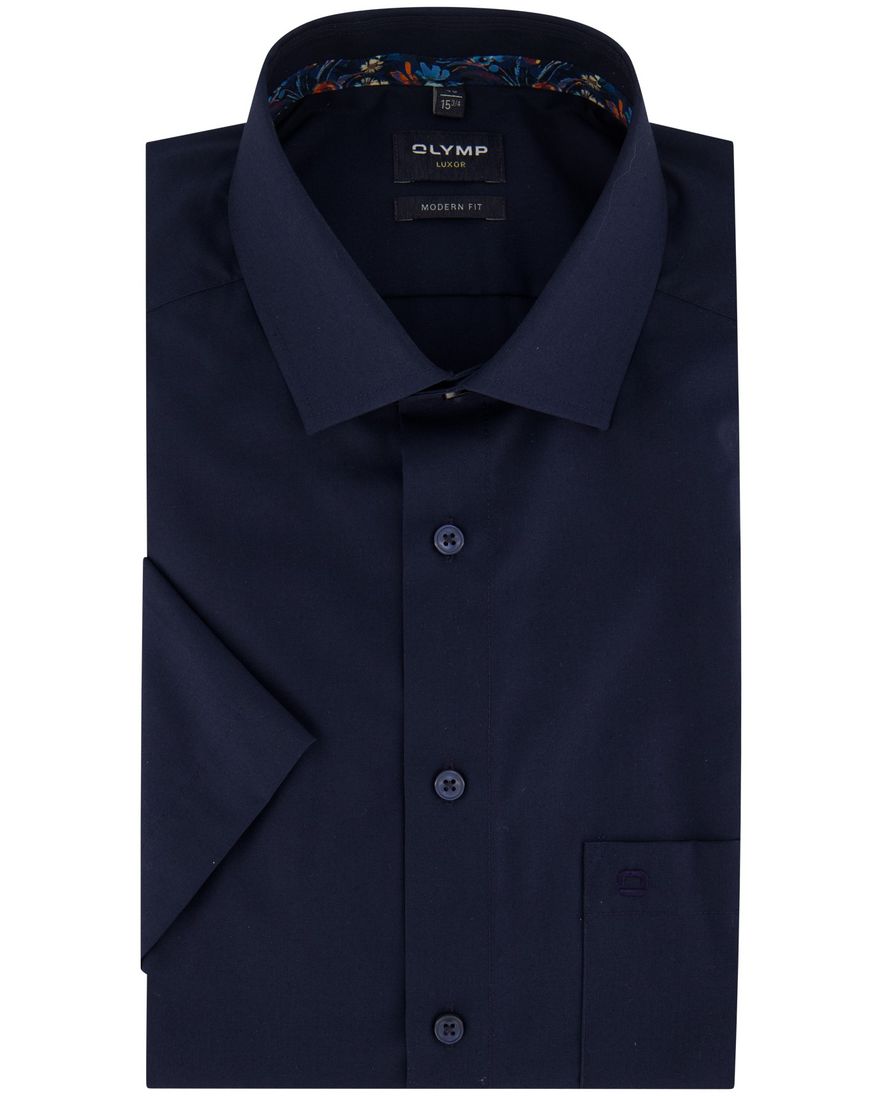 Olymp overhemd korte mouw Luxor Modern Fit effen donkerblauw katoen
