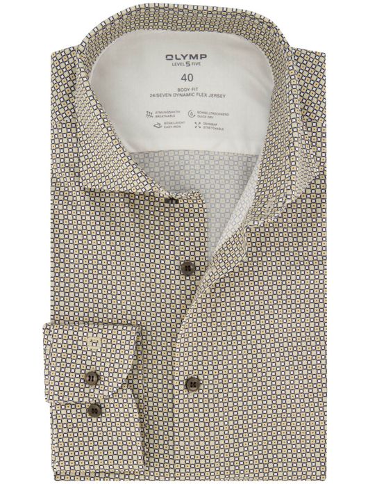 Olymp body fit overhemd beige geprint