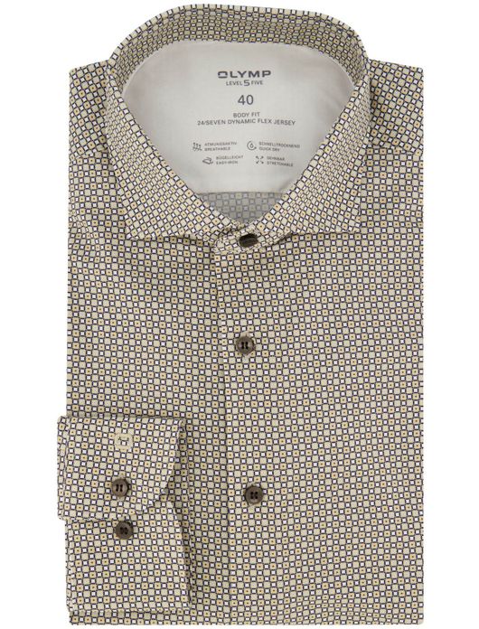 Olymp body fit overhemd beige geprint