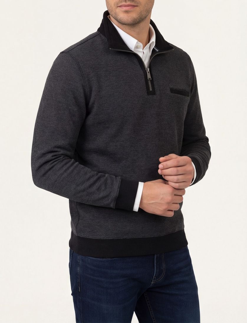 Katoenen Casa Moda trui grijs gemêleerd half zip