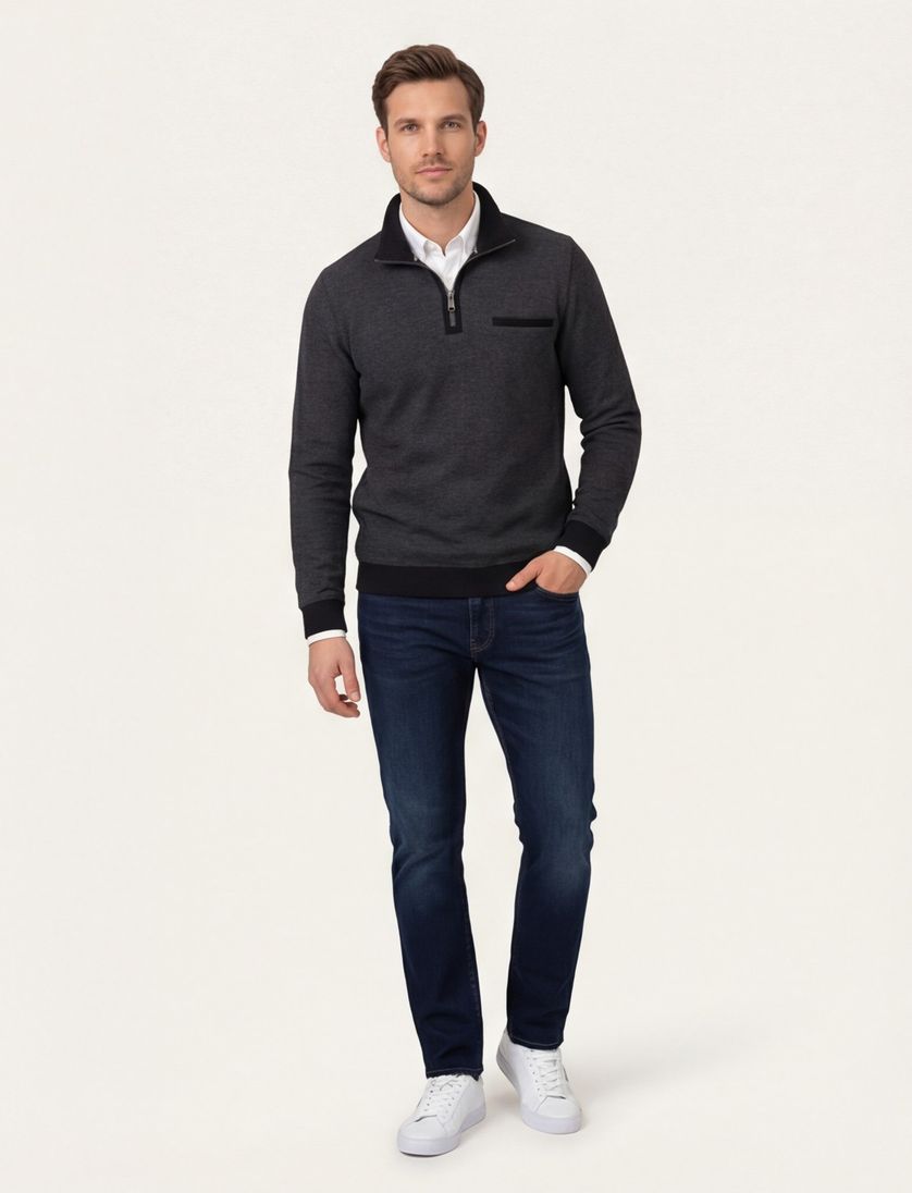 Katoenen Casa Moda trui grijs gemêleerd half zip