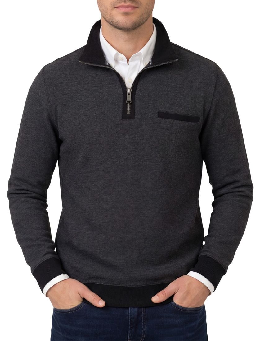 Katoenen Casa Moda trui grijs gemêleerd half zip