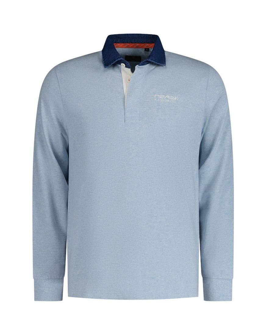 New Zealand polo lange mouw Dispute lichtblauw 3 knoops effen katoen