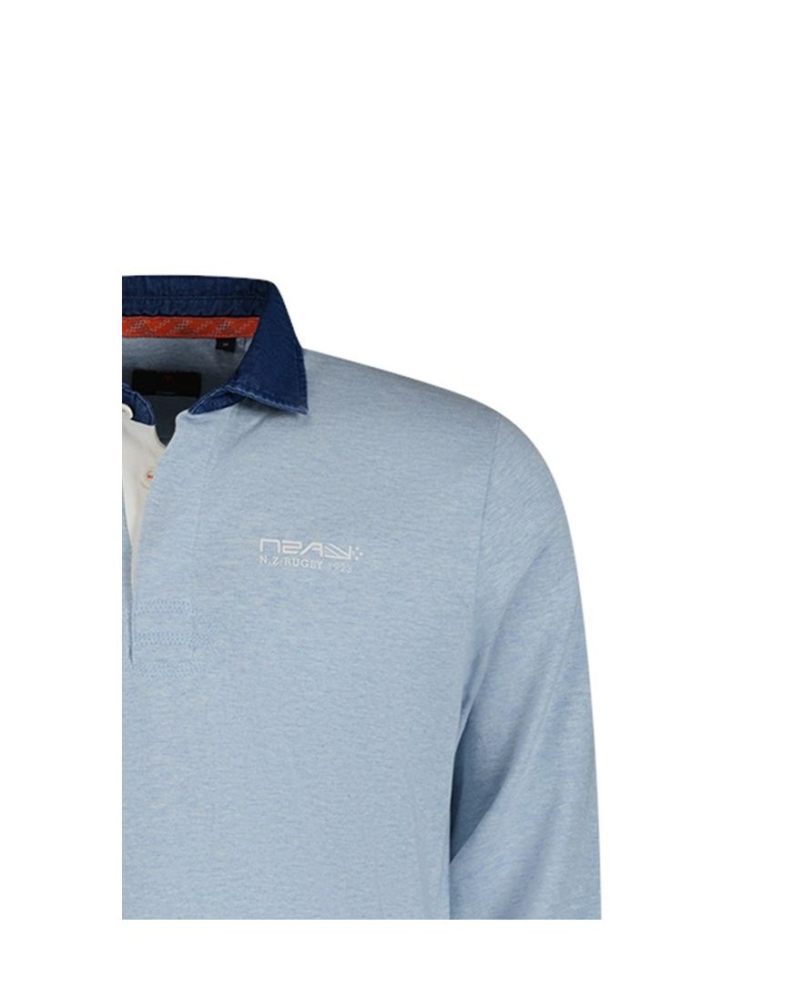 New Zealand polo lange mouw Dispute lichtblauw 3 knoops effen katoen