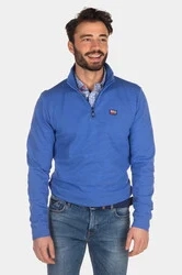 New Zealand sweater blauw gestreept opstaande kraag met logo