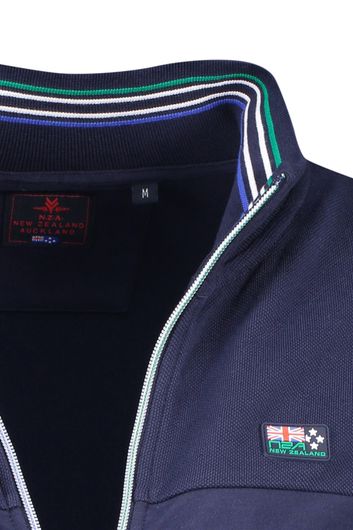 sweater New Zealand blauw effen katoen opstaande kraag rits