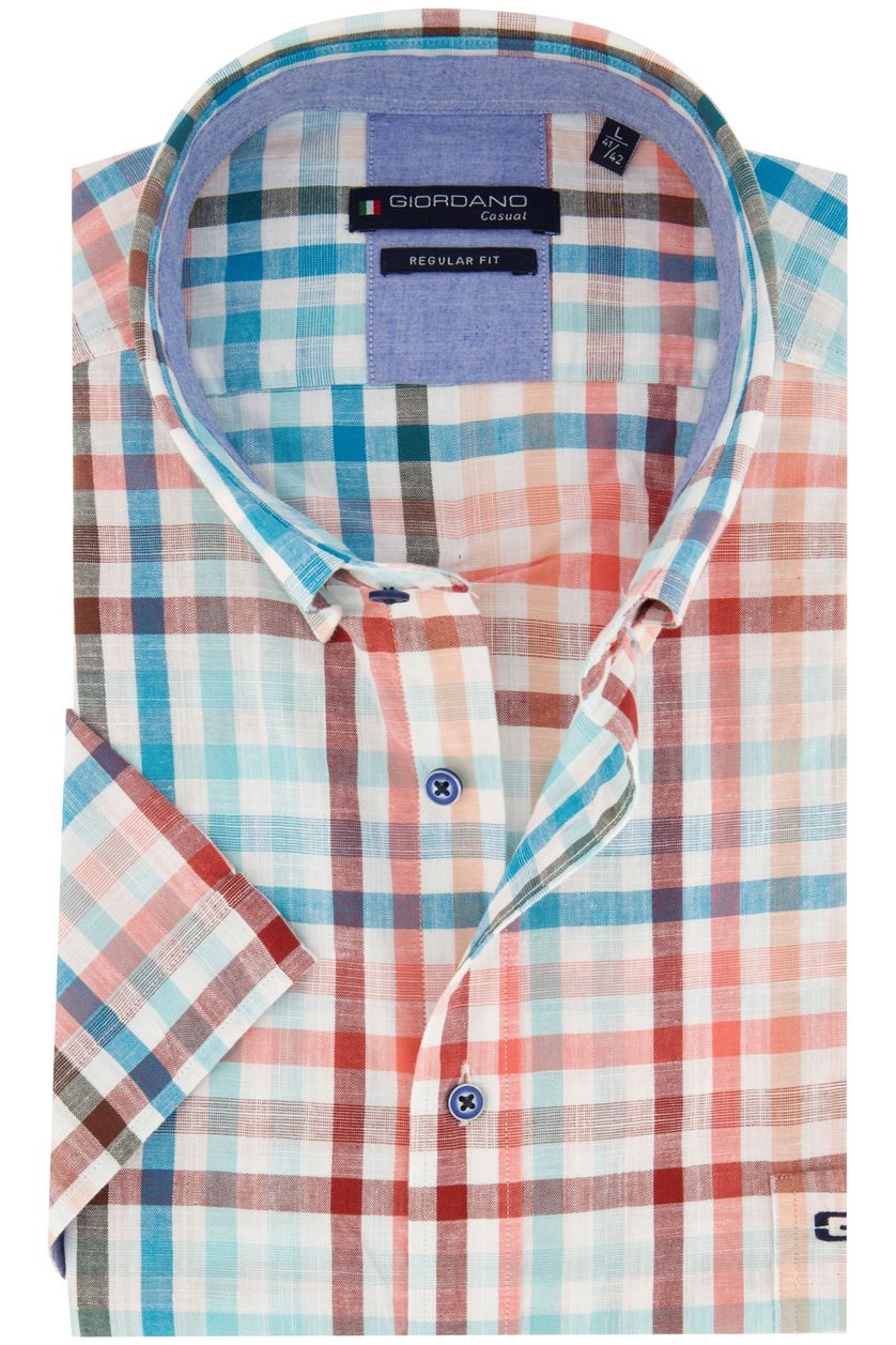 Giordano casual overhemd korte mouw wijde fit blauw rood geruit katoen