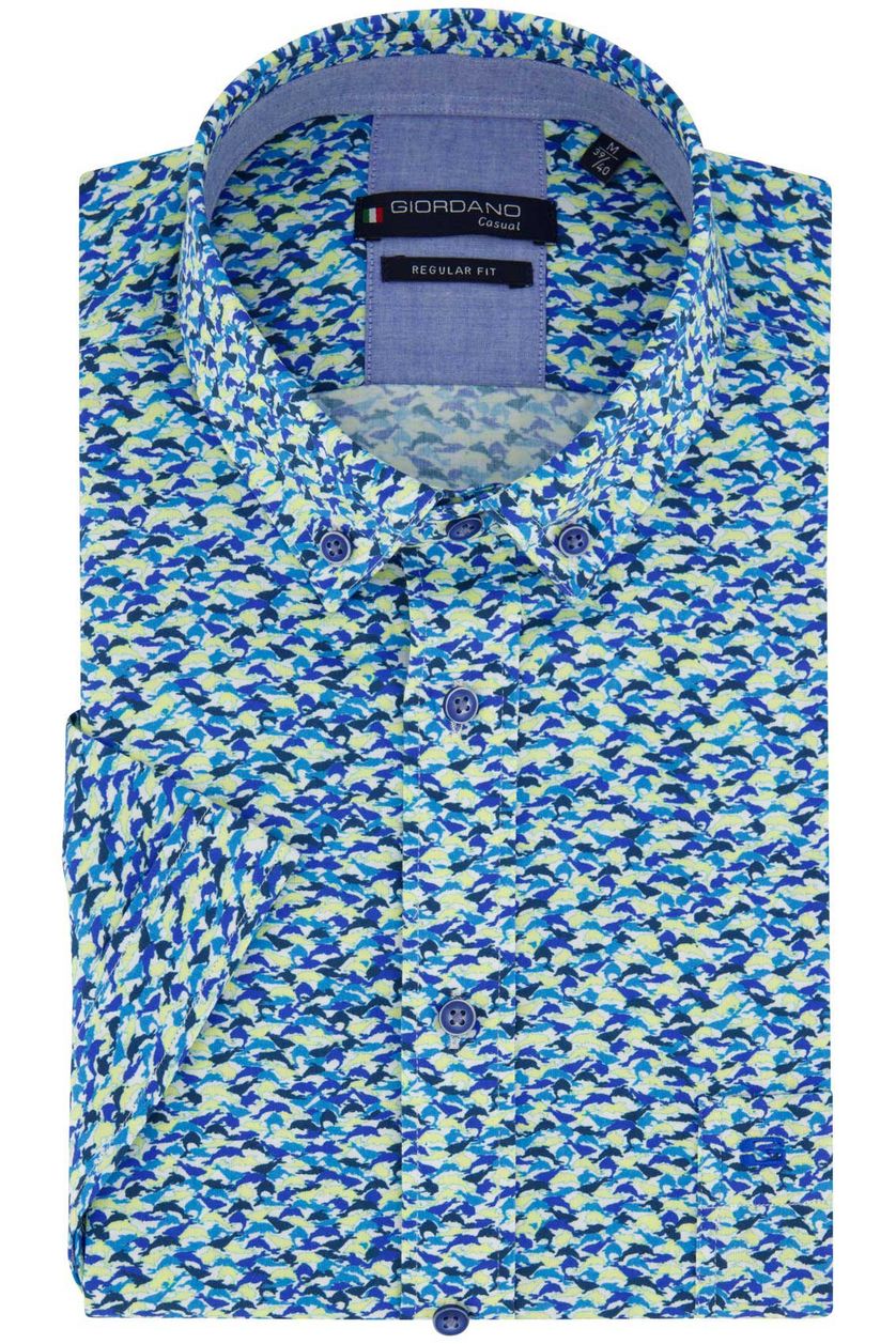Giordano casual overhemd korte mouw normale fit blauw geprint katoen met borstzak