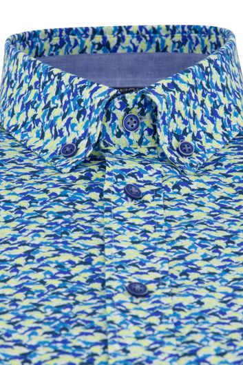 Giordano casual overhemd korte mouw normale fit blauw met groen geprint katoen