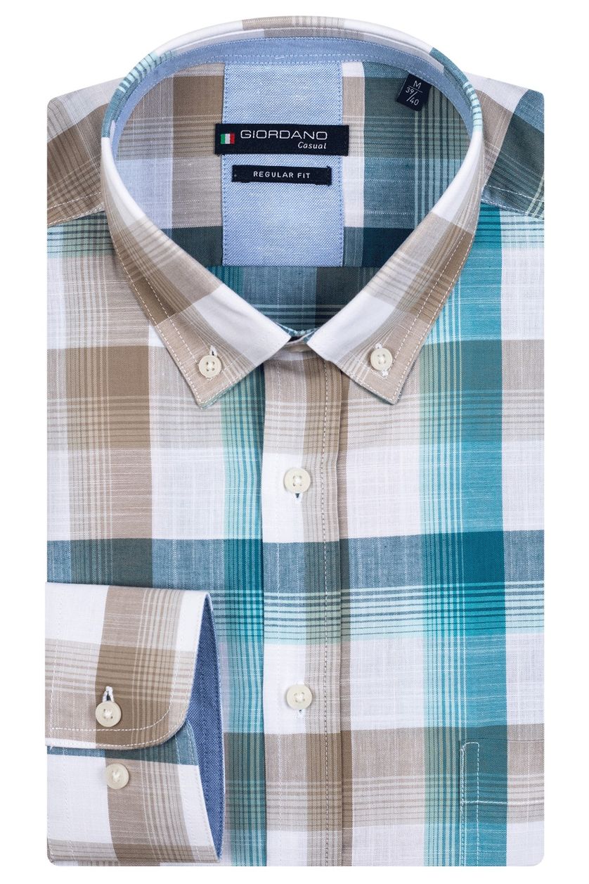 Giordano casual overhemd wijde fit blauw geruit katoen button-down boord