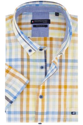 Giordano Giordano casual overhemd korte mouw wijde fit blauw en geel geruit katoen