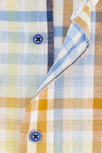 Giordano casual overhemd korte mouw wijde fit blauw en geel geruit katoen