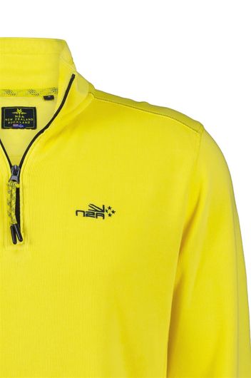 New Zealand sweater opstaande kraag geel effen katoen halve ritsje 