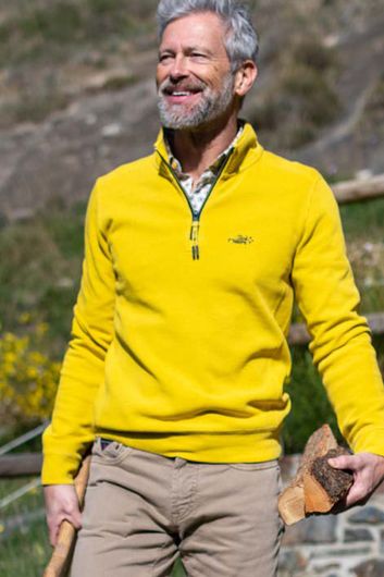 New Zealand sweater opstaande kraag geel effen katoen halve ritsje 