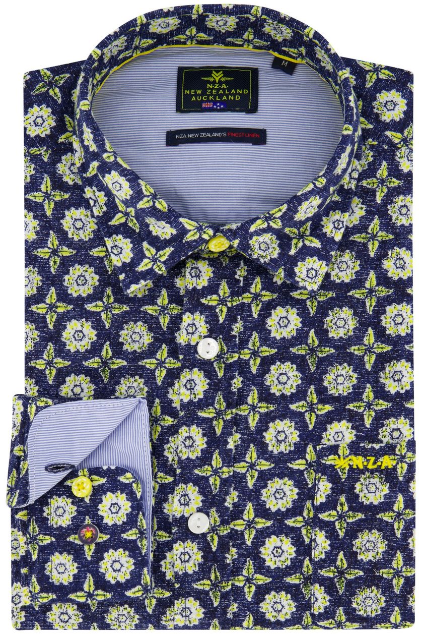 Casual overhemd New Zealand normale fit donkerblauw geel geprint linnen