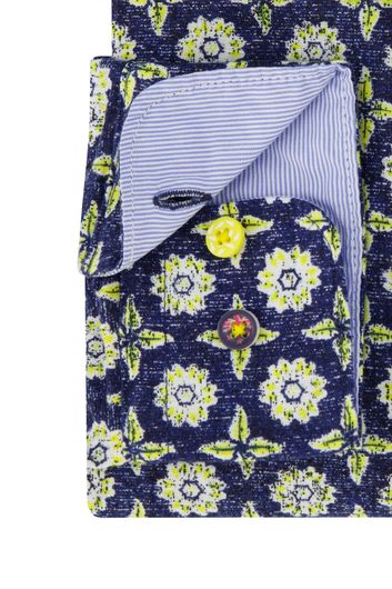 New Zealand casual overhemd normale fit donkerblauw geel geprint linnen