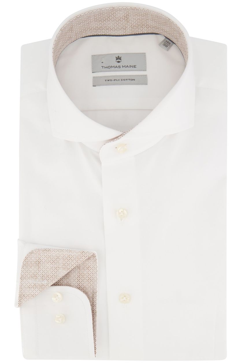 Thomas Maine business overhemd wit effen 100% katoen lichtbruine details normale fit