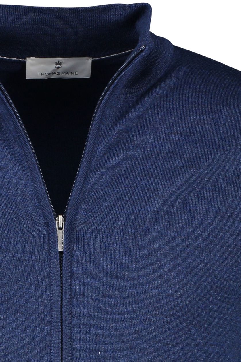 Thomas Maine vest blauw effen 100% merinowol opstaande kraag rits