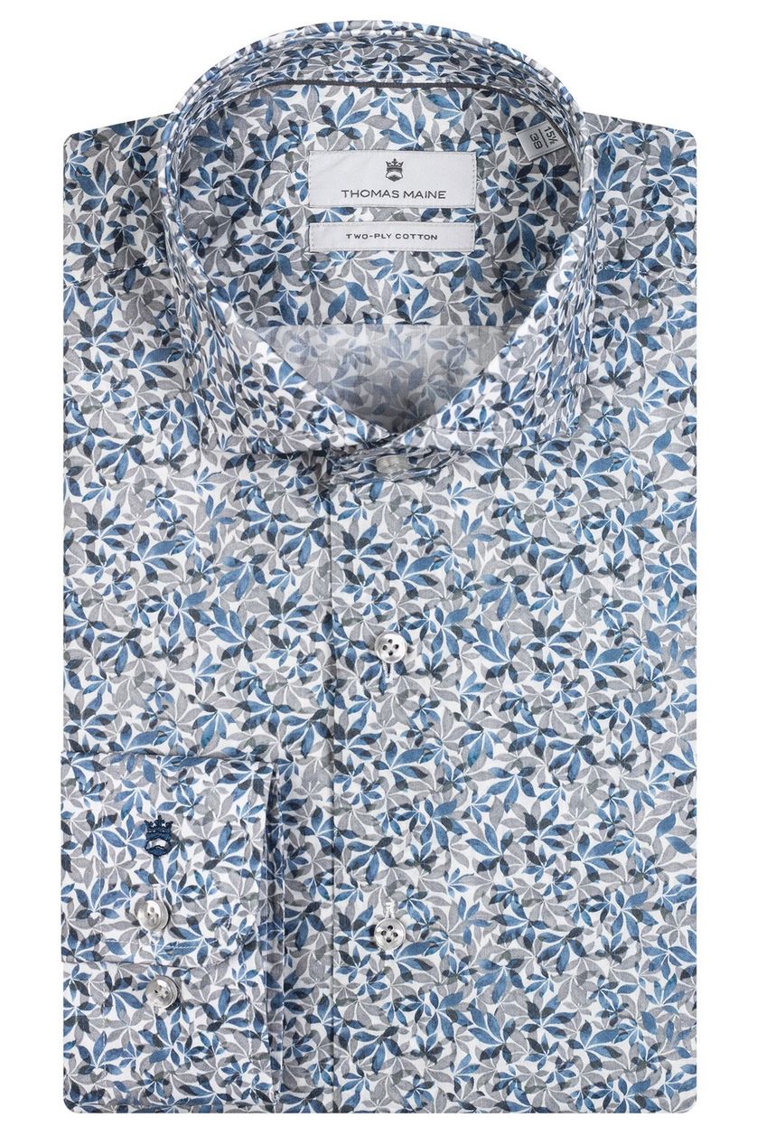 Thomas Maine business overhemd blauw vrolijk geprint katoen normale fit