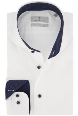 Thomas Maine Thomas Maine business overhemd wit effen 100% katoen normale fit donkerblauwe details