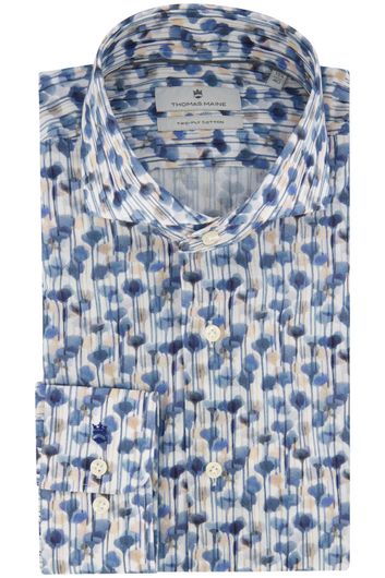 Thomas Maine normale fit overhemd mouwlengte 7 blauw geprint katoen